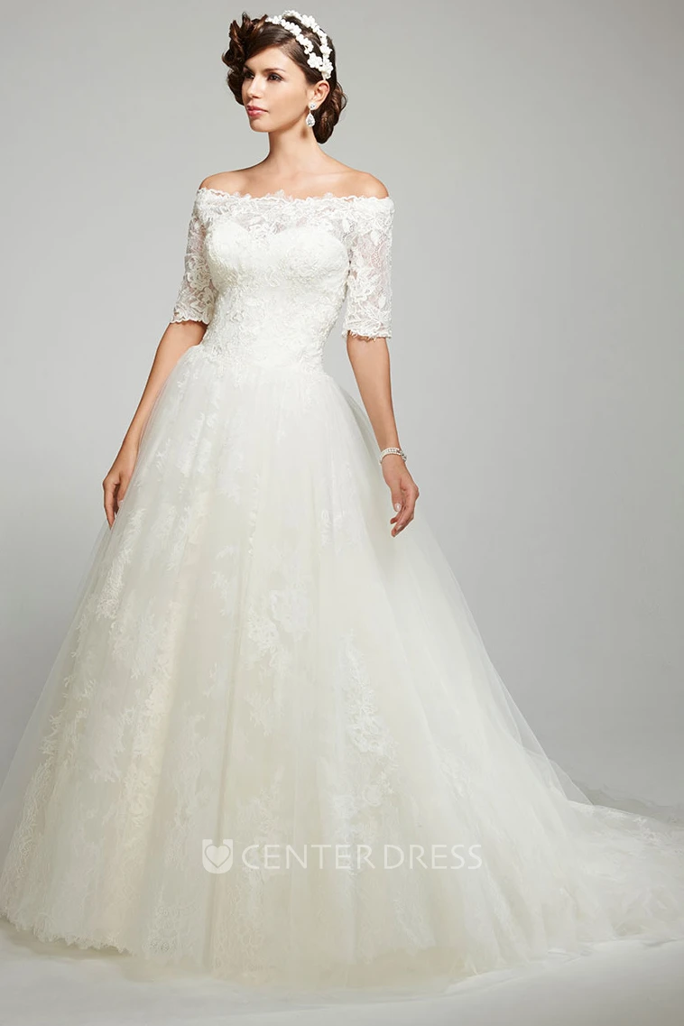 Ball Gown Off-The-Shoulder Appliqued Short Sleeve Tulle Wedding Dress