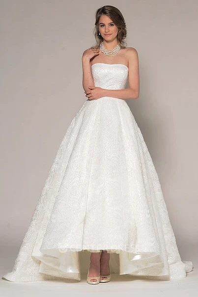 High-Low Strapless Beaded Lace Wedding Dress With V Back