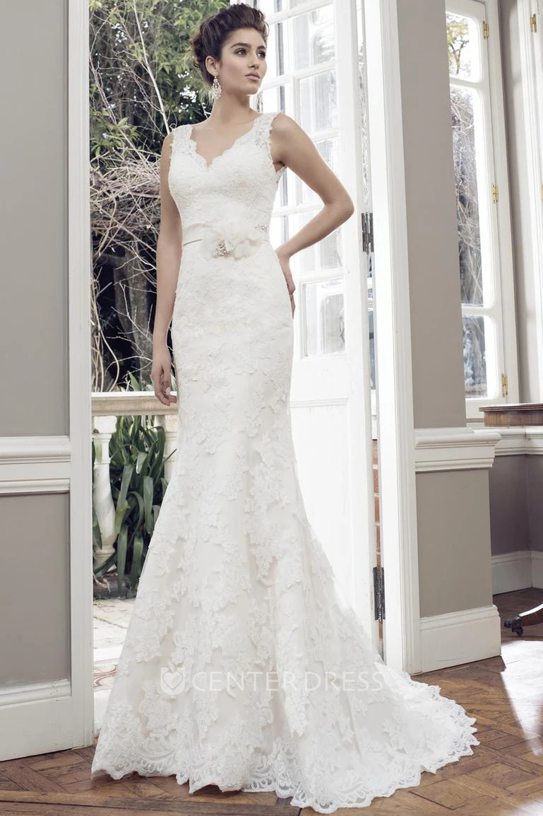 Sheath V-Neck Sleeveless Appliqued Floor-Length Lace Wedding Dress With Flower And Low-V Back