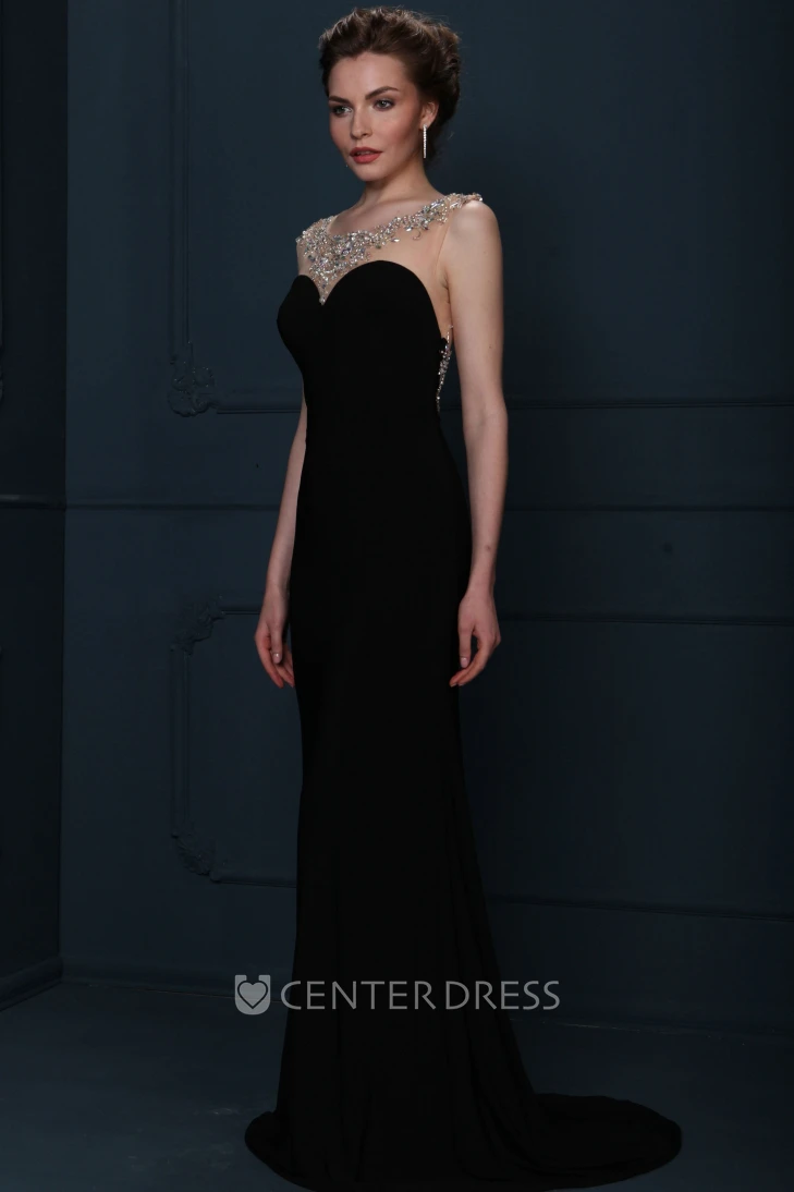 Beaded Sleeveless Scoop Neck Chiffon Evening Dress With Brush Train