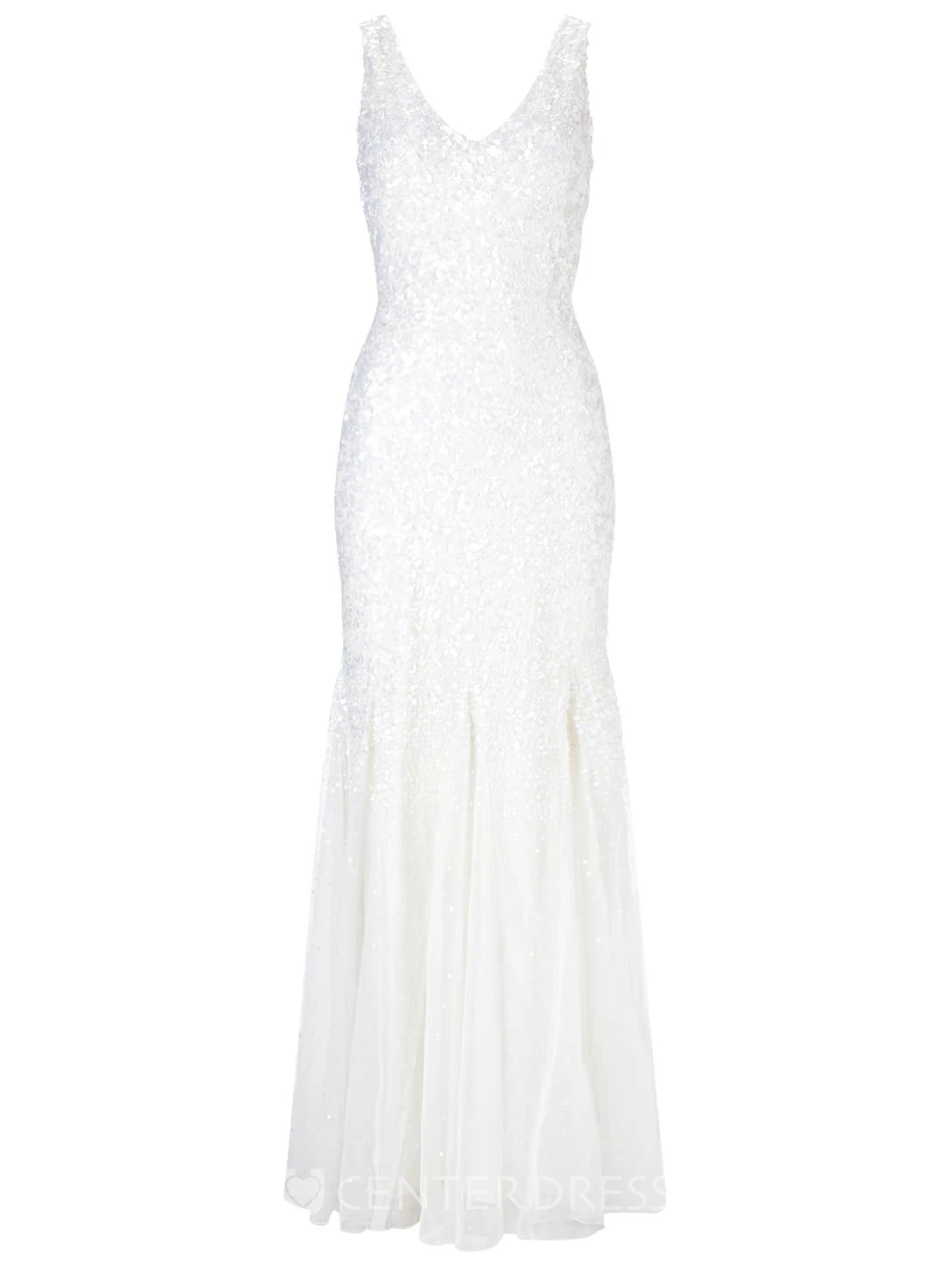 Sheath Sleeveless V-Neck Pleated Floor-Length Sequins Wedding Dress With Low-V Back