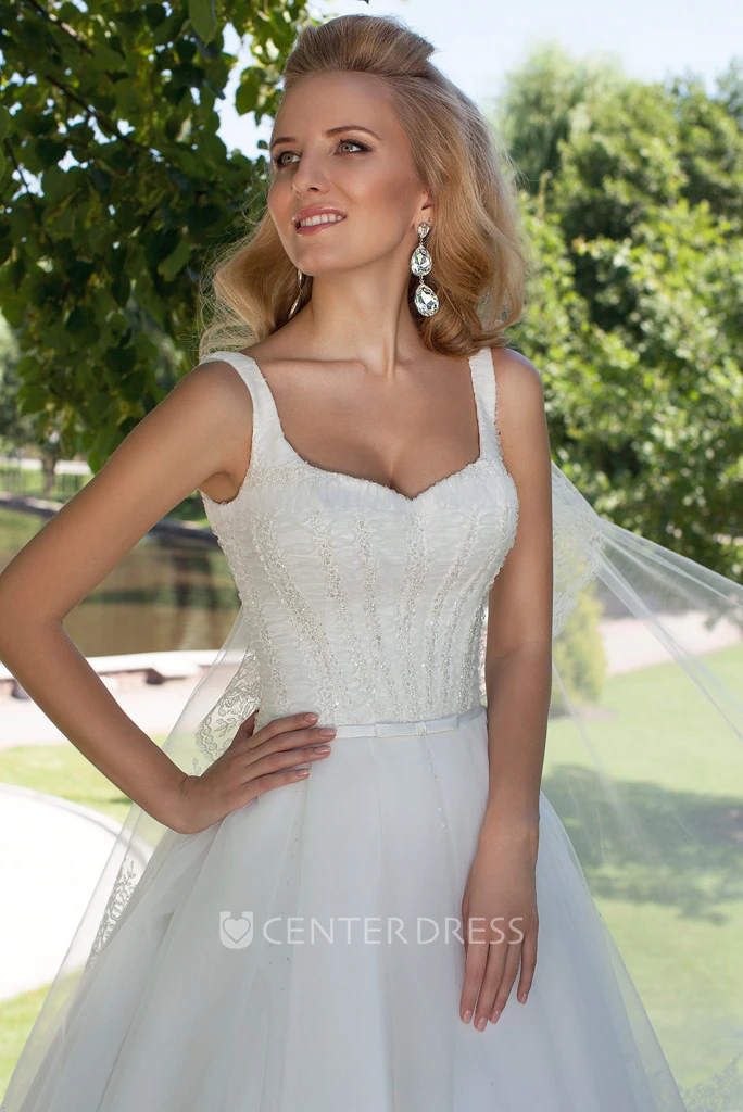 Ball-Gown Square Long Sleeveless Beaded Tulle Wedding Dress With Corset Back
