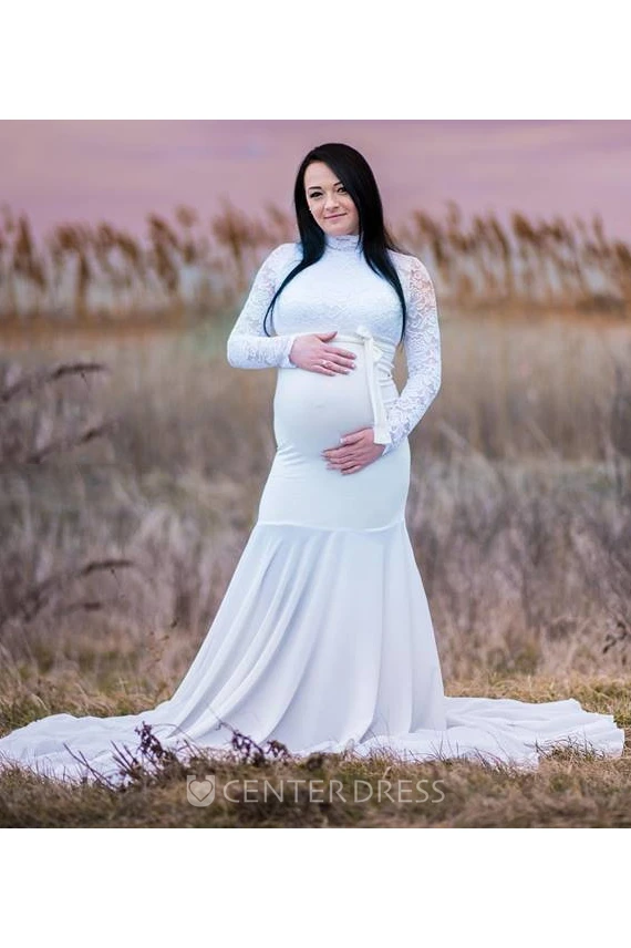 Mermaid Trumpet Sweep Brush Train Long Sleeve Empire Maternity Wedding Dress