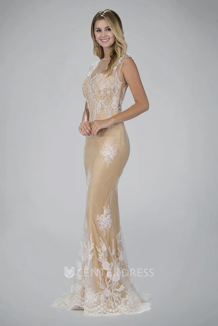 Sheath Maxi Bateau Sleeveless Lace Illusion Dress With Lace And Appliques
