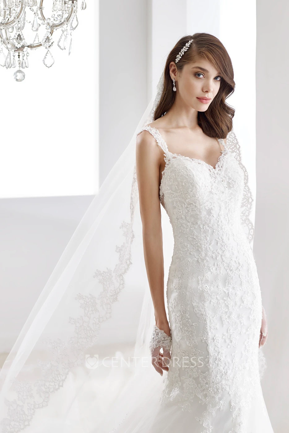 Sweetheart A-Line Pleated Lace Gown With Pearl Belt And Brush Train