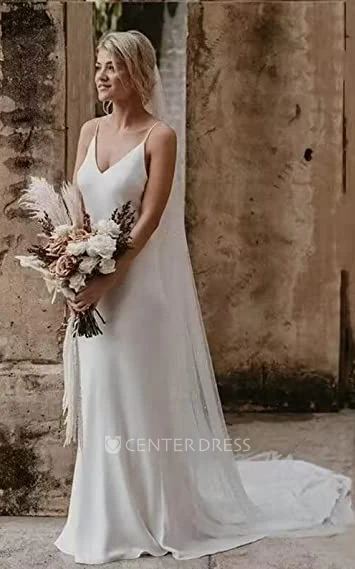 Elegant Beach Garden Spaghetti Satin Sheath Wedding Dress Sleeveless