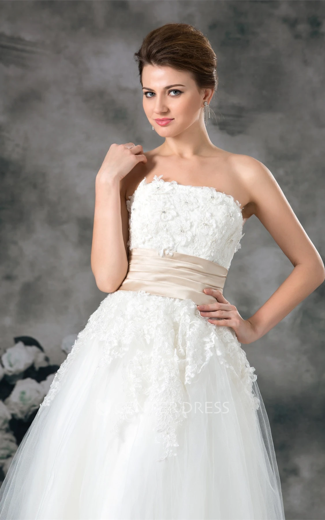 Sleeveless Strapless A-Line Ankle-Length Prom Gown with Appliques