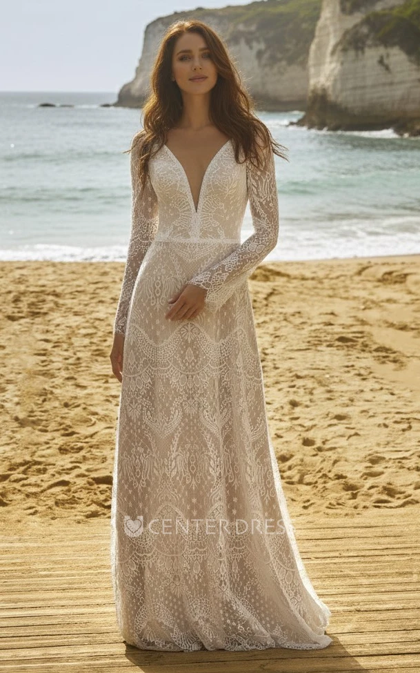 Boho Lace Beach Long Sleeve Bridal Dress Elegant A-Line Deep V Neckline Wedding Gown
