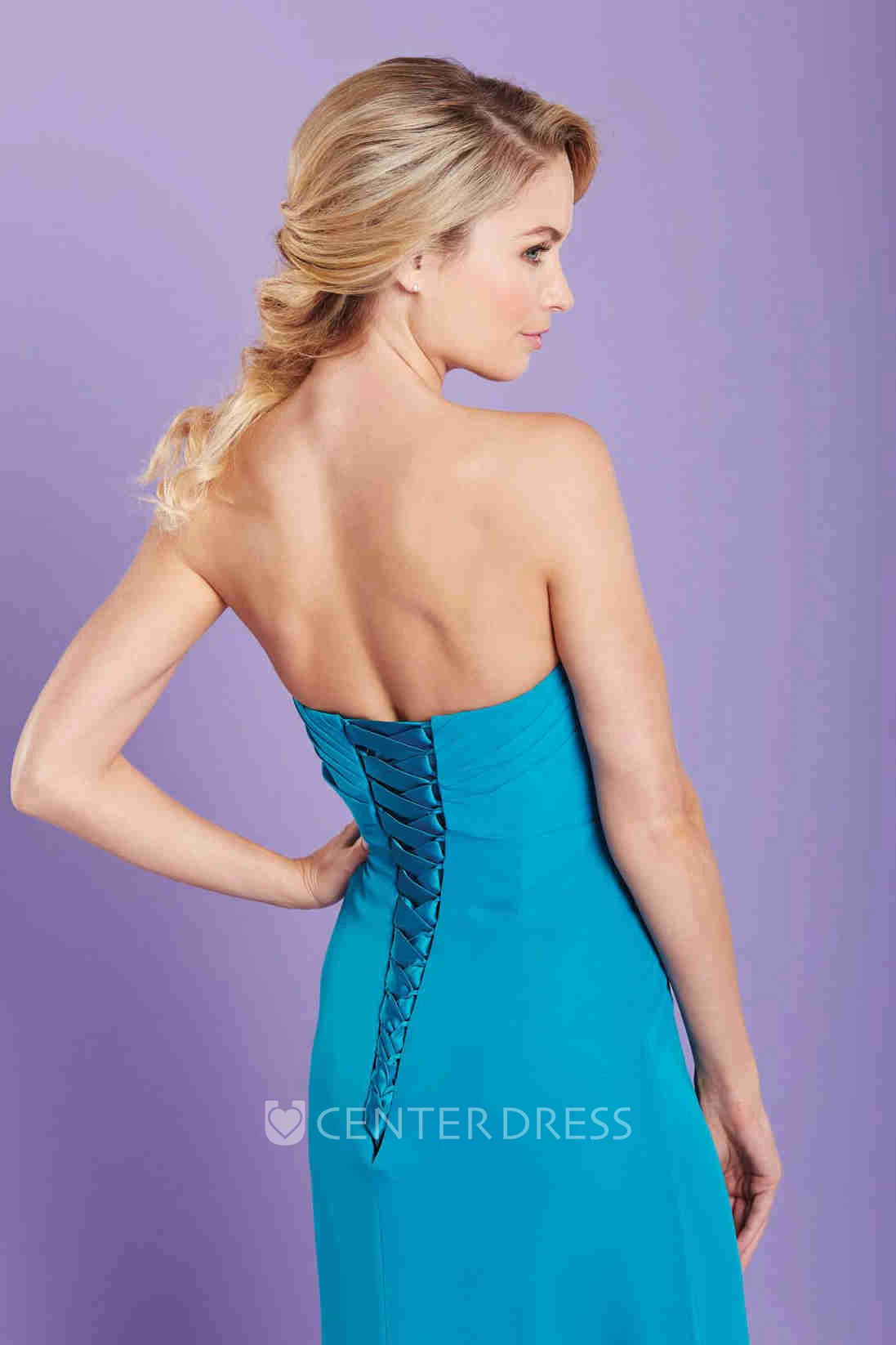 Strapless Draped Chiffon Bridesmaid Dress With Waist Jewellery And Lace-Up