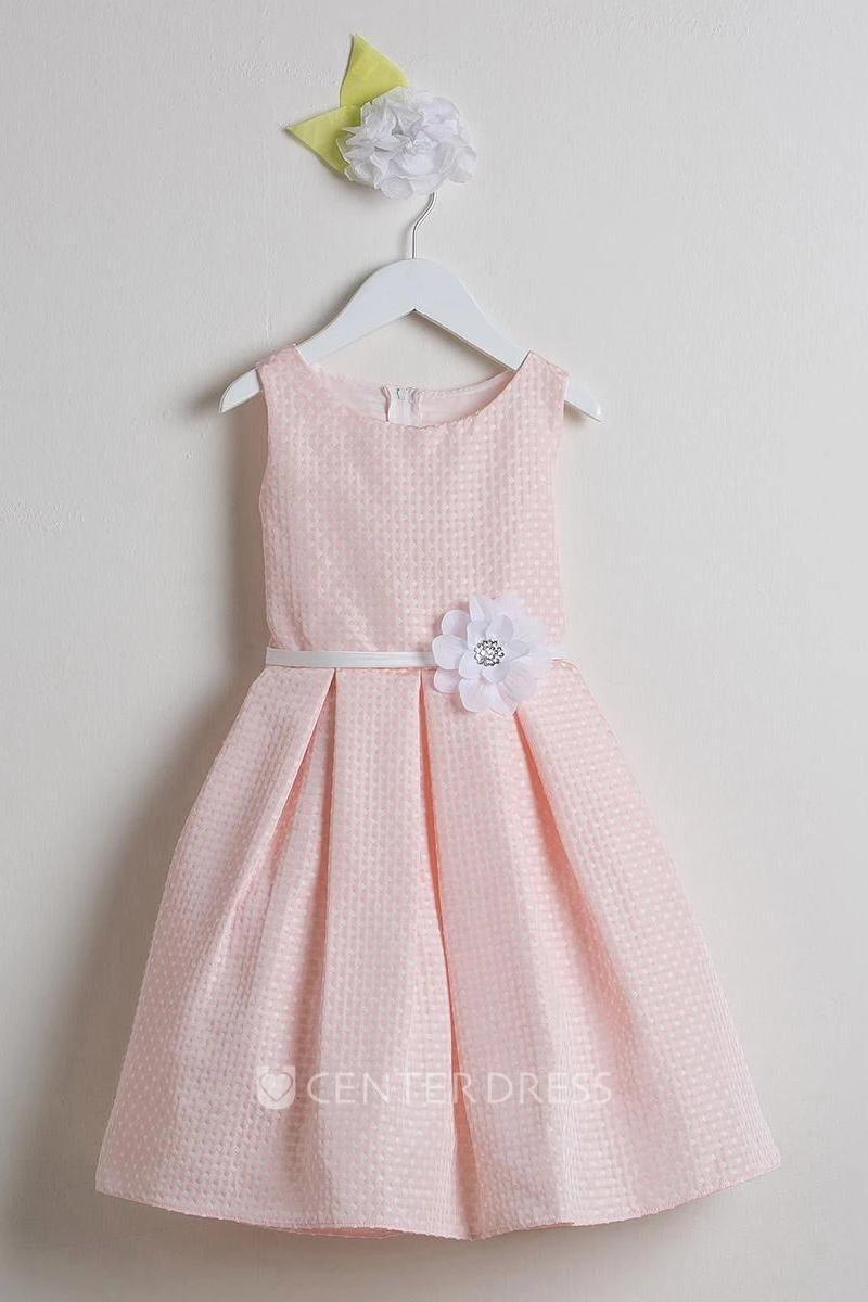 Knee-Length Floral Floral Sequins&Satin Flower Girl Dress With Sash