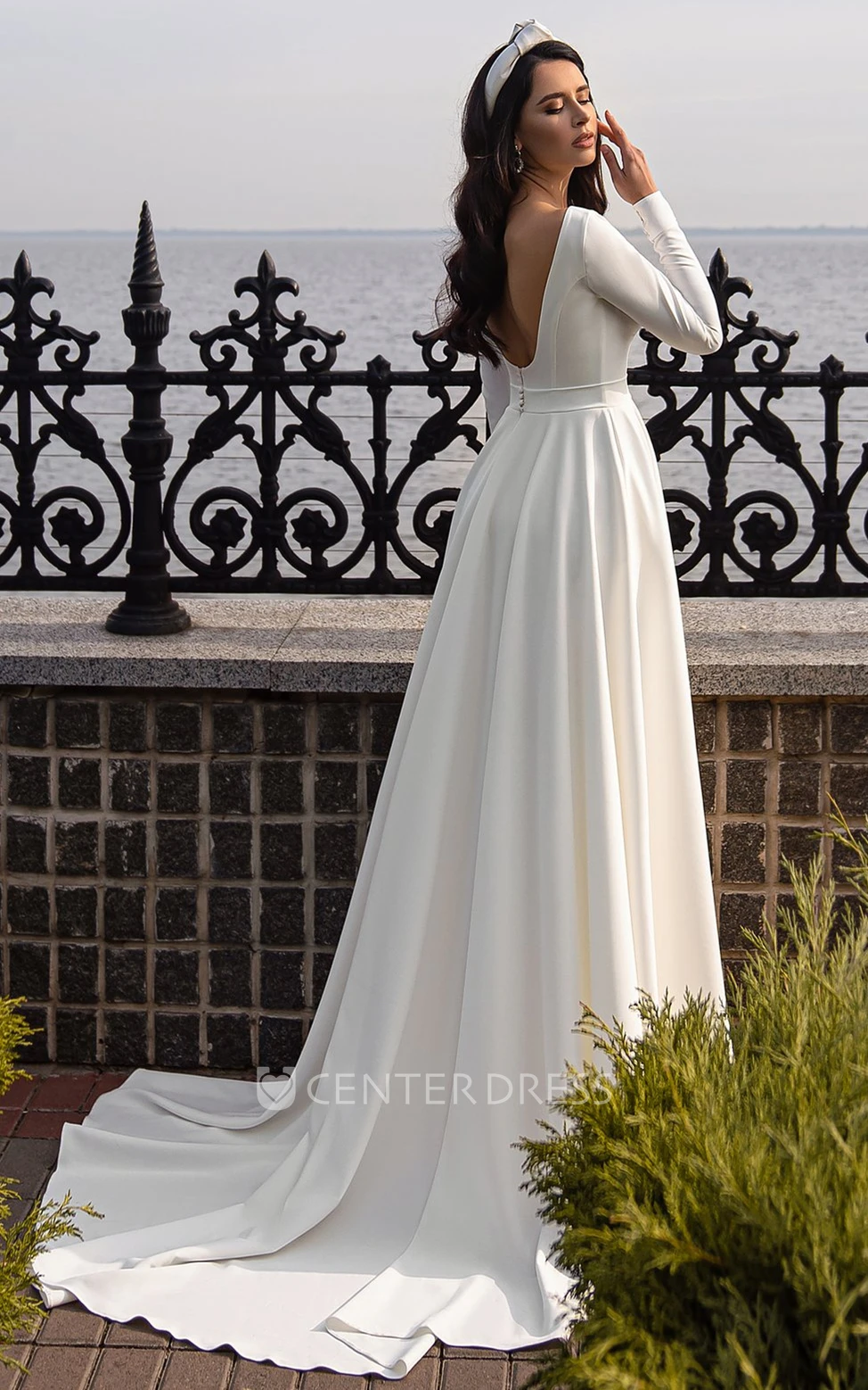 Simple Jewel Neck A Line Sweep Train Satin Wedding Dress with Ruching
