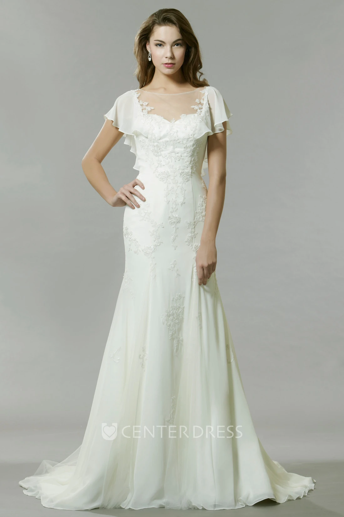 Poet-Sleeve Bateau-Neck Chiffon Wedding Dress With Illusion