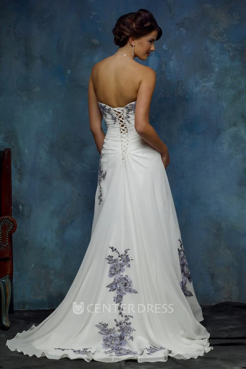 A-Line Sleeveless Floor-Length Side-Draped Strapless Chiffon Wedding Dress With Appliques And Corset Back