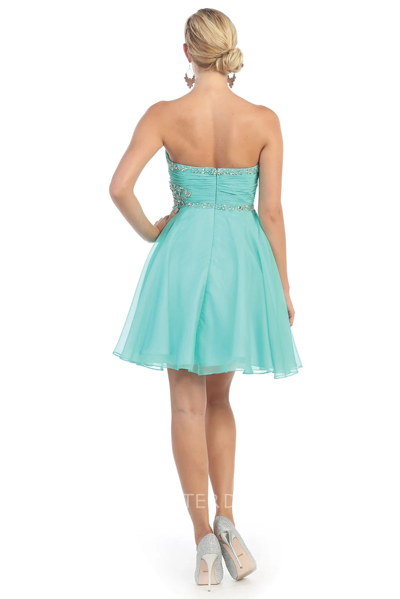 A-Line Mini Sweetheart Sleeveless Chiffon Zipper Dress With Criss Cross And Beading