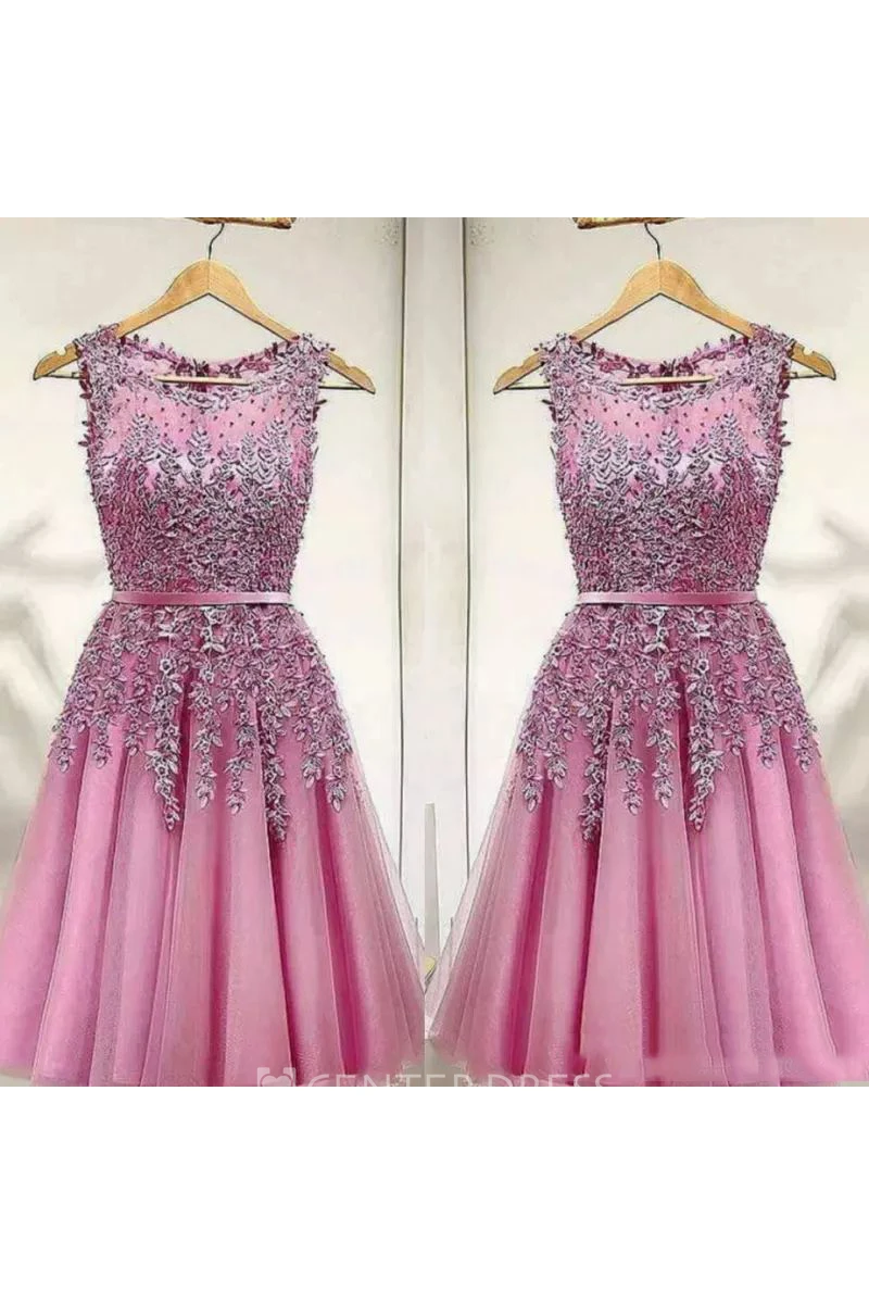 A-line Knee-length Sleeveless Bateau Appliques Pleats Sash Ribbon Lace Tulle Homecoming Dress