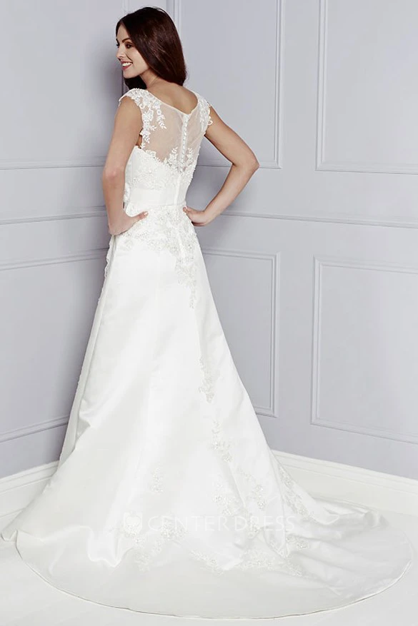 A-Line Cap-Sleeve Appliqued Bateau-Neck Maxi Taffeta Wedding Dress