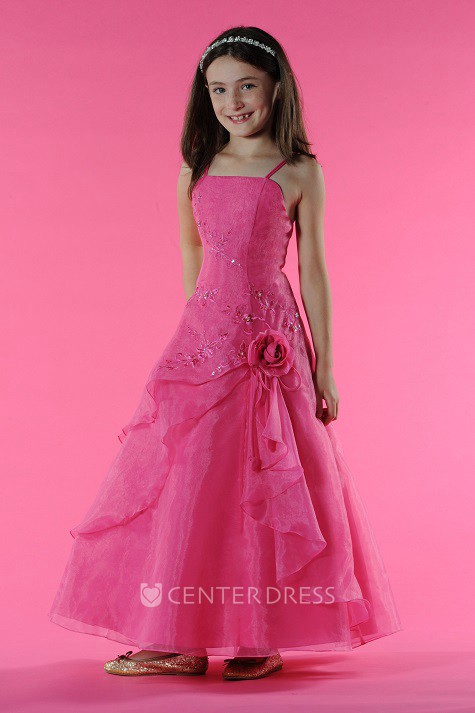 Flower Girl Spaghetti Straps Flower Side Drape Tulle Gown With Embroidery UCenter Dress