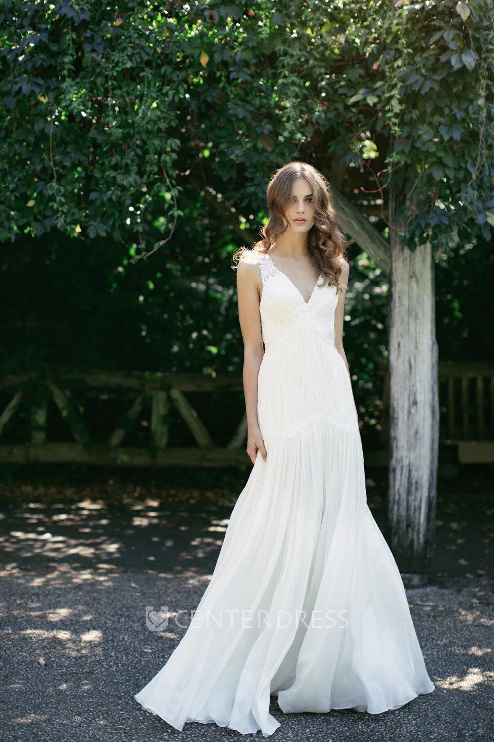 V-Neck Sleeveless Chiffon Wedding Dress With Ruching and Dropped Waist