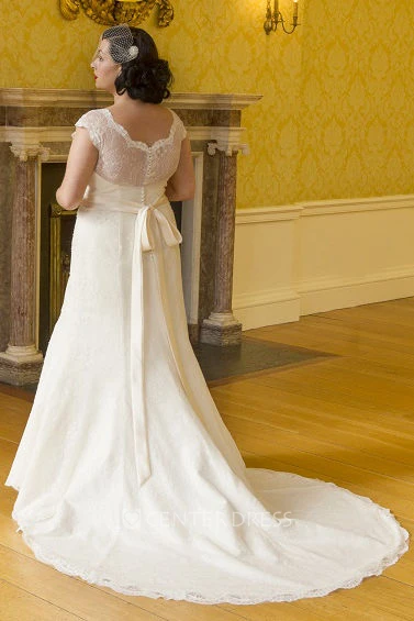 Scalloped V Neck Cap Sleeve Lace Bridal Gown With Satin Sash