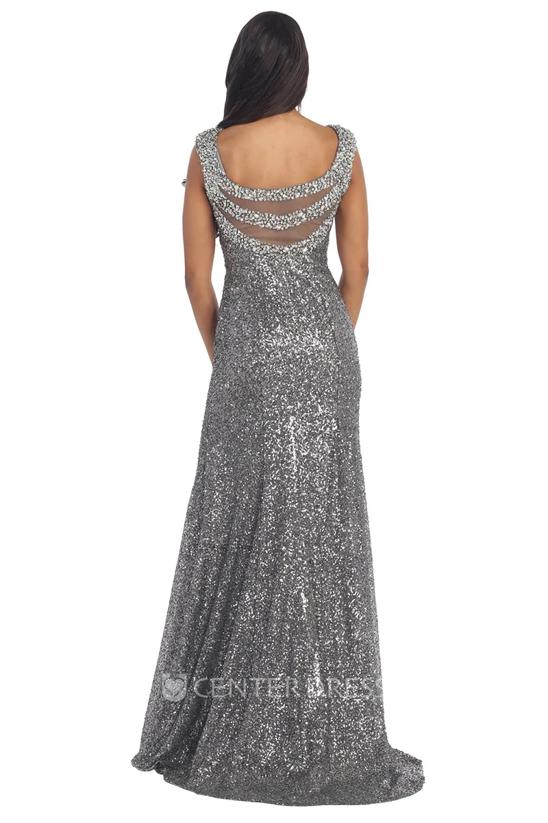 Sheath V-Neck Sleeveless Sequins Dress With Pleats