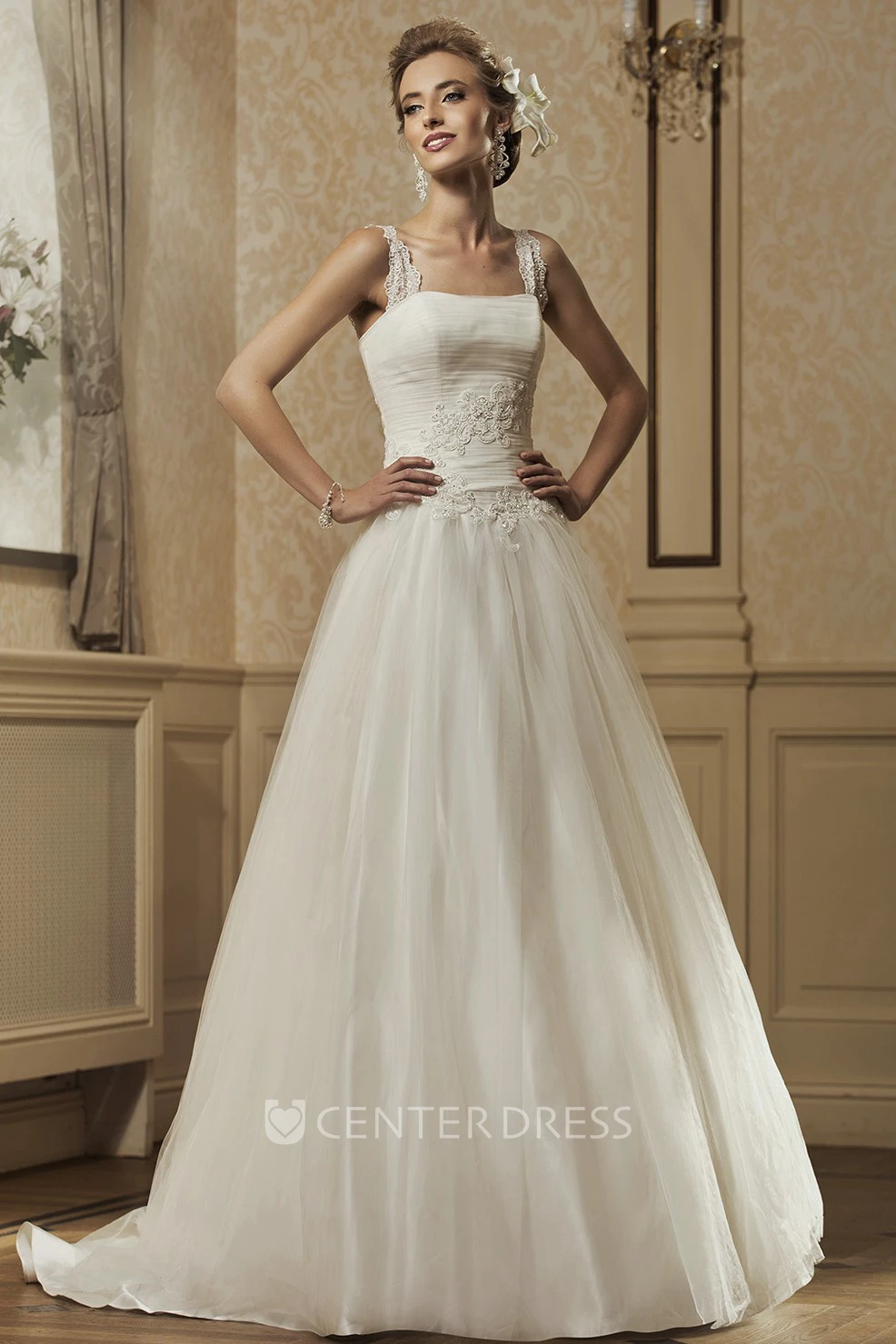 A-Line Strapped Sleeveless Floor-Length Ruched Tulle&Satin Wedding Dress With Appliques