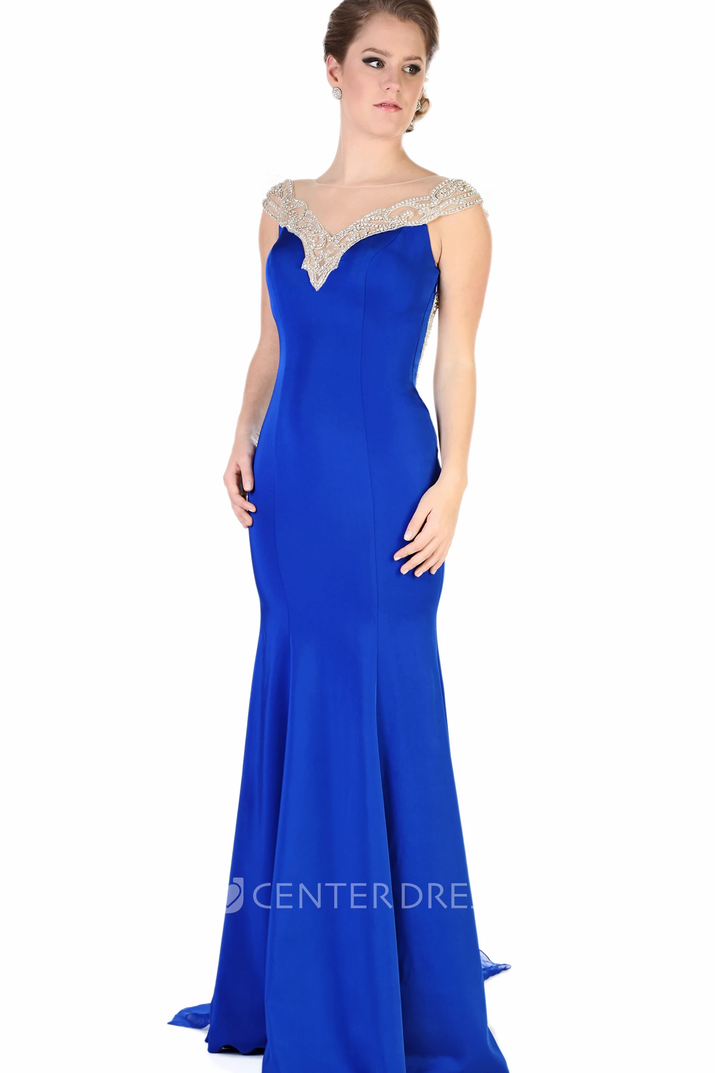 Sheath Cap-Sleeve Beaded Maxi Jersey Evening Dress With Pleats