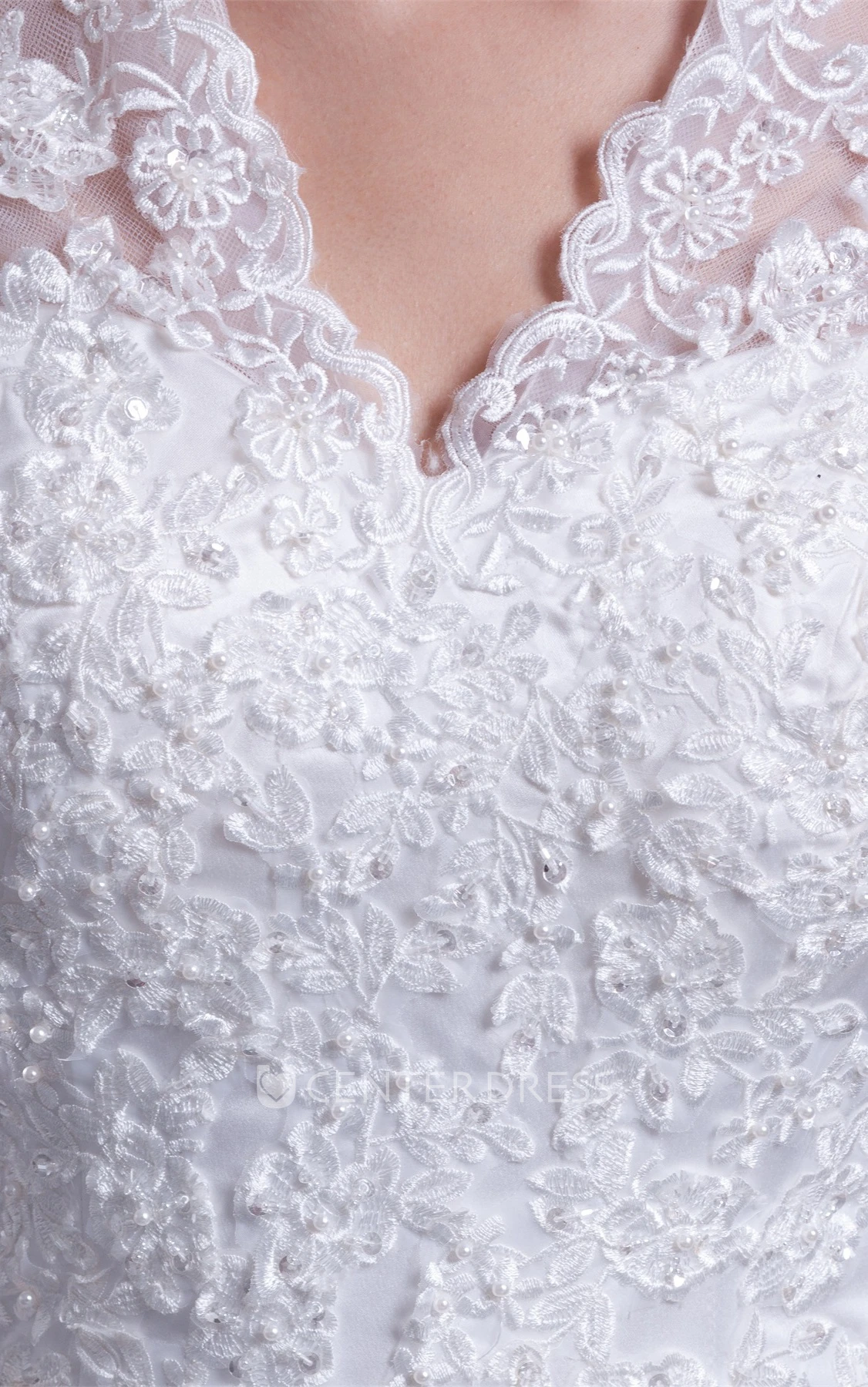 Modest Scalloped-Neck 3 4 Sleeves A-line Lace Wedding Gown with Court Train