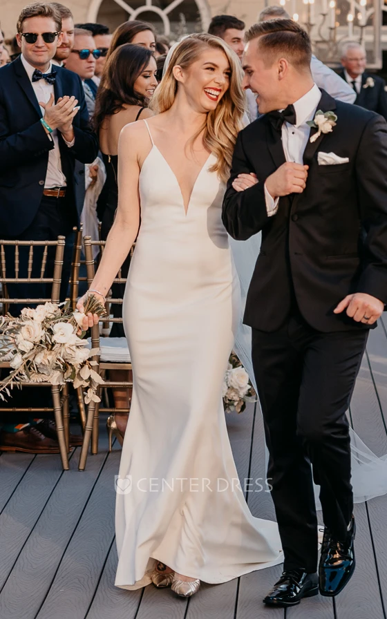  Sheath Modern Satin Wedding Dress With Low-V Back And Chapel Train