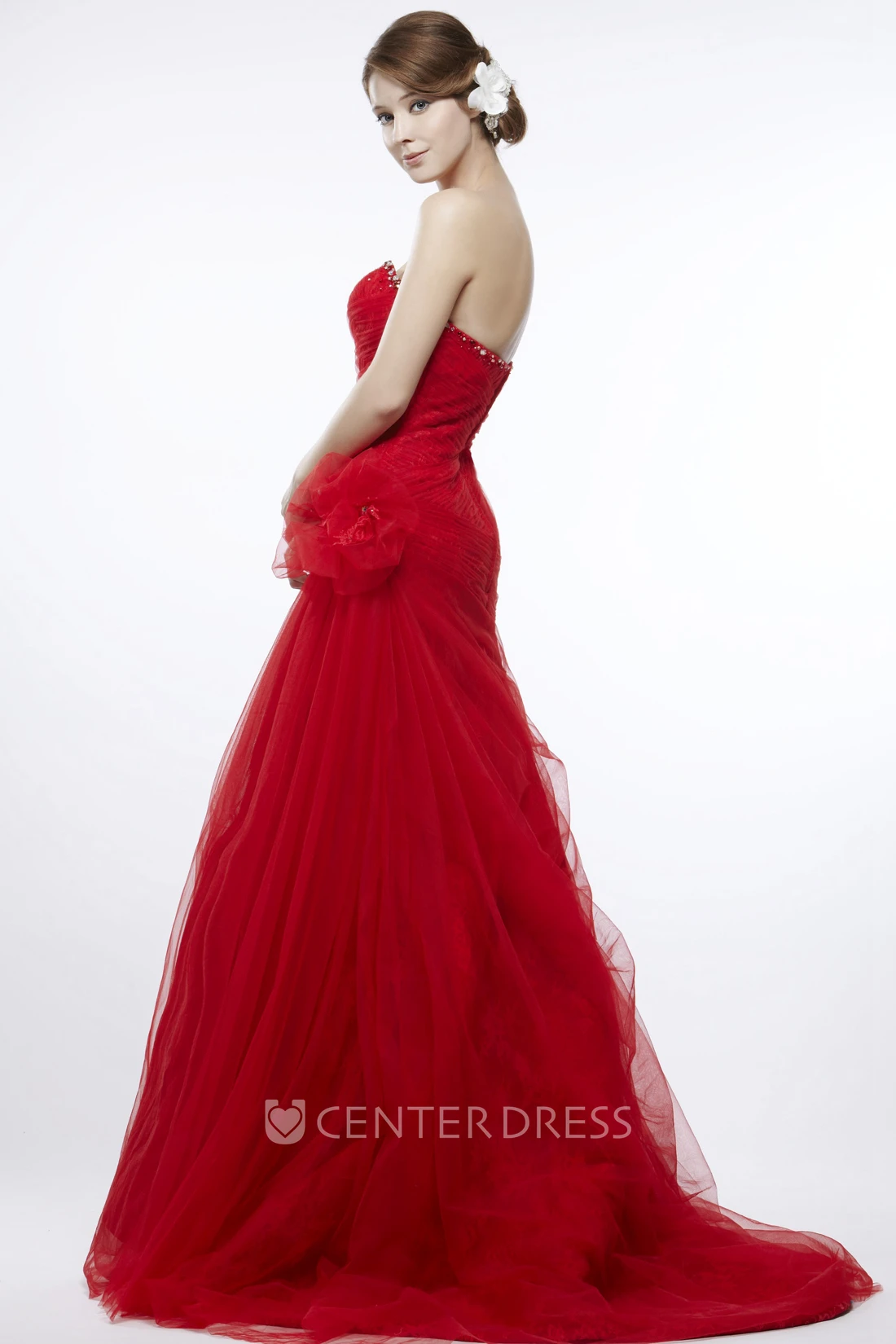 A-Line Sleeveless Strapless Beaded Floor-Length Tulle&Lace Prom Dress With Ruffles And Flower