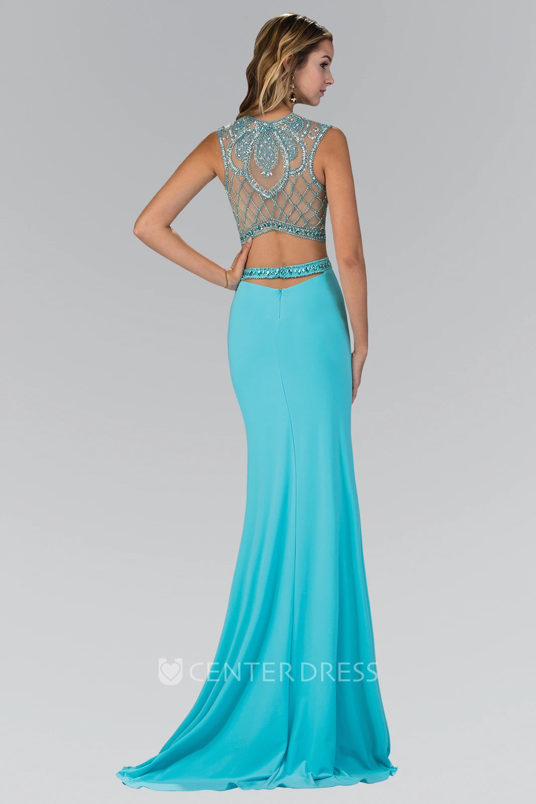 Sheath Jewel-Neck Sleeveless Jersey Illusion Dress With Beading And Split Front