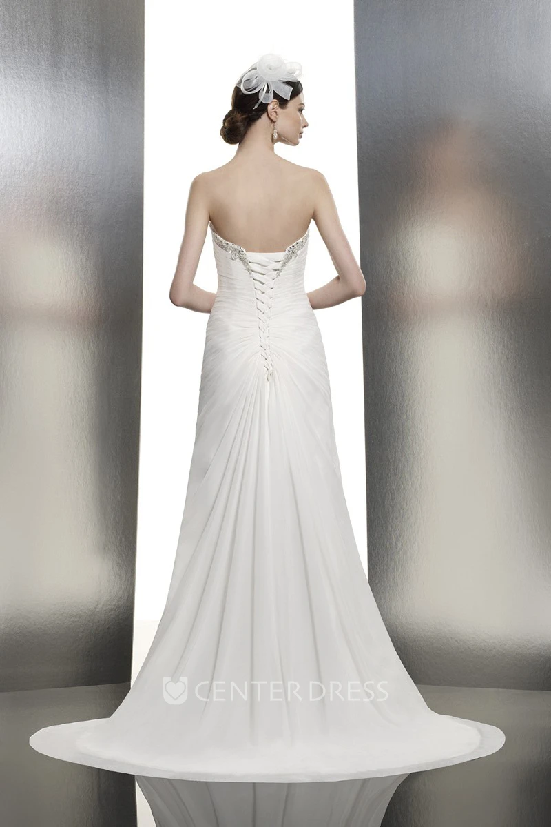 A-Line Floor-Length Sweetheart Sleeveless Criss-Cross Wedding Dress With Beading And Lace-Up Back