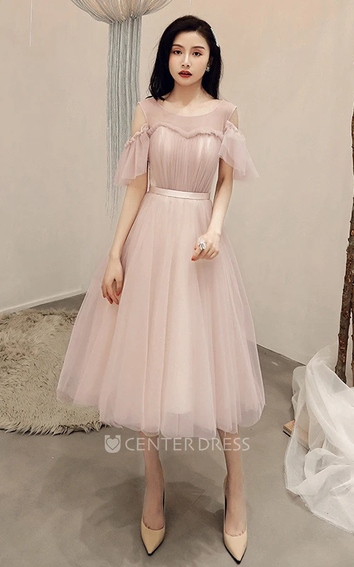 Simple Tulle Off-the-shoulder V-neck A Line Formal Cocktail Dress With Ruffles