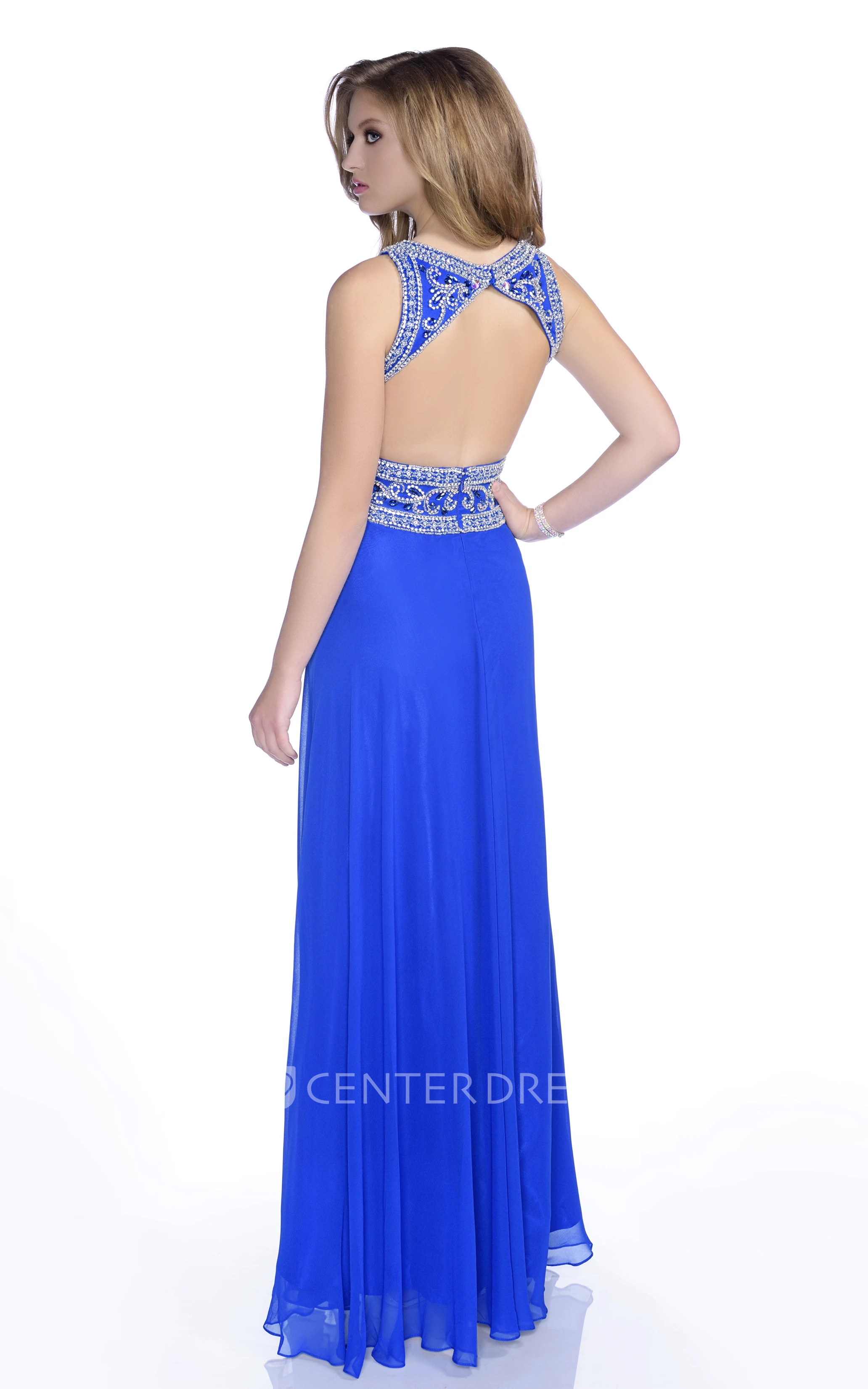 A-Line Chiffon Crystal Trim Sleeveless Prom Dress With Keyhole Back