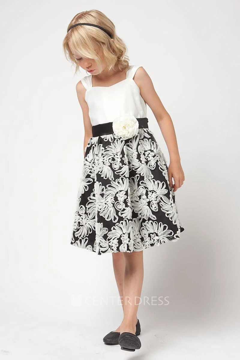 Floral Tea-Length Tiered Satin Flower Girl Dress With Embroidery
