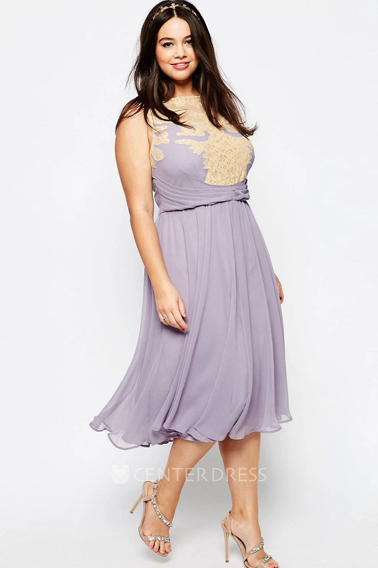 A-Line Pleated Tea-Length Jewel-Neck Sleeveless Chiffon Bridesmaid Dress