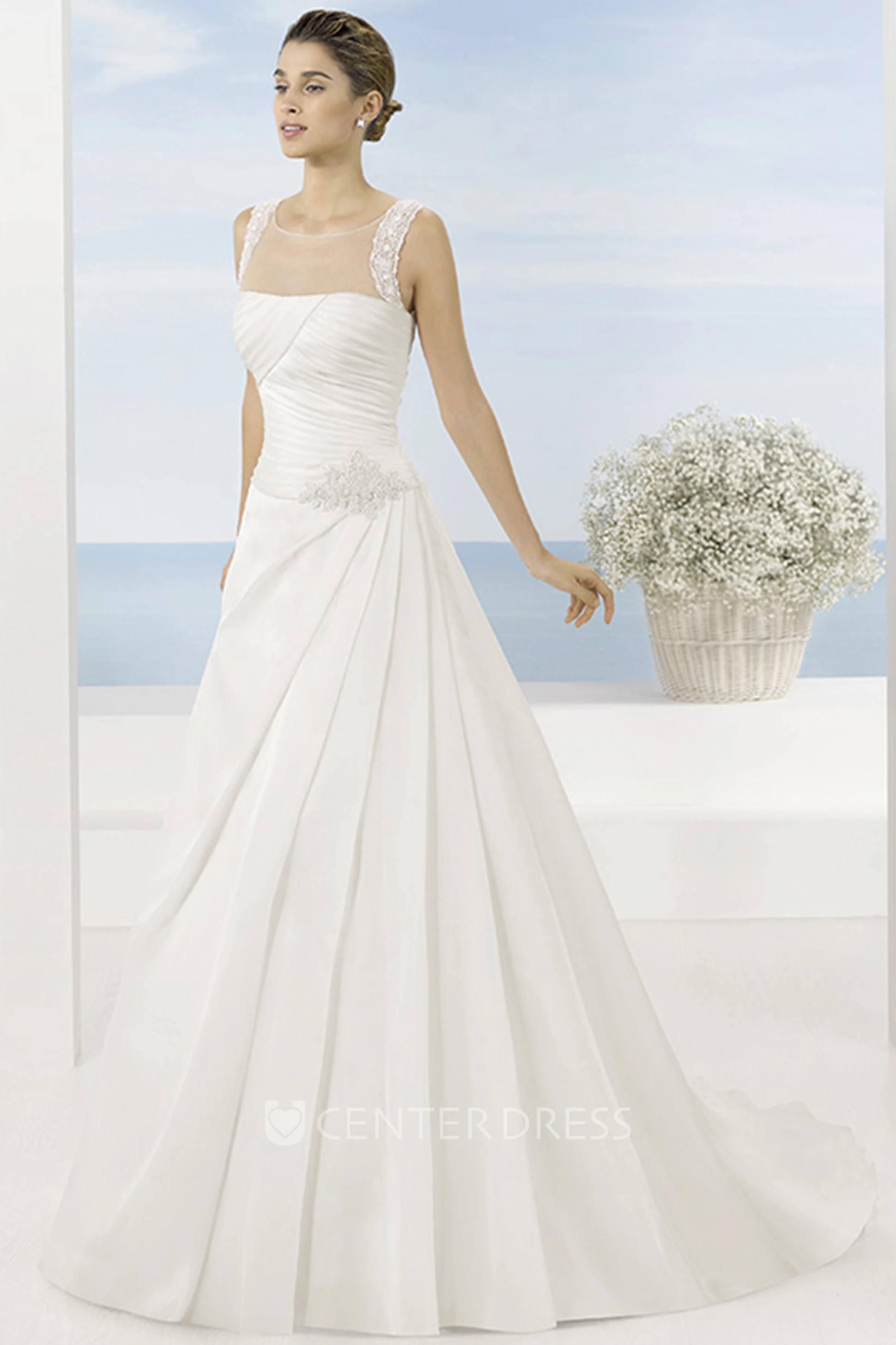 A-Line Sleeveless Floor-Length Scoop Draped Satin Wedding Dress With Beading And Waist Jewellery