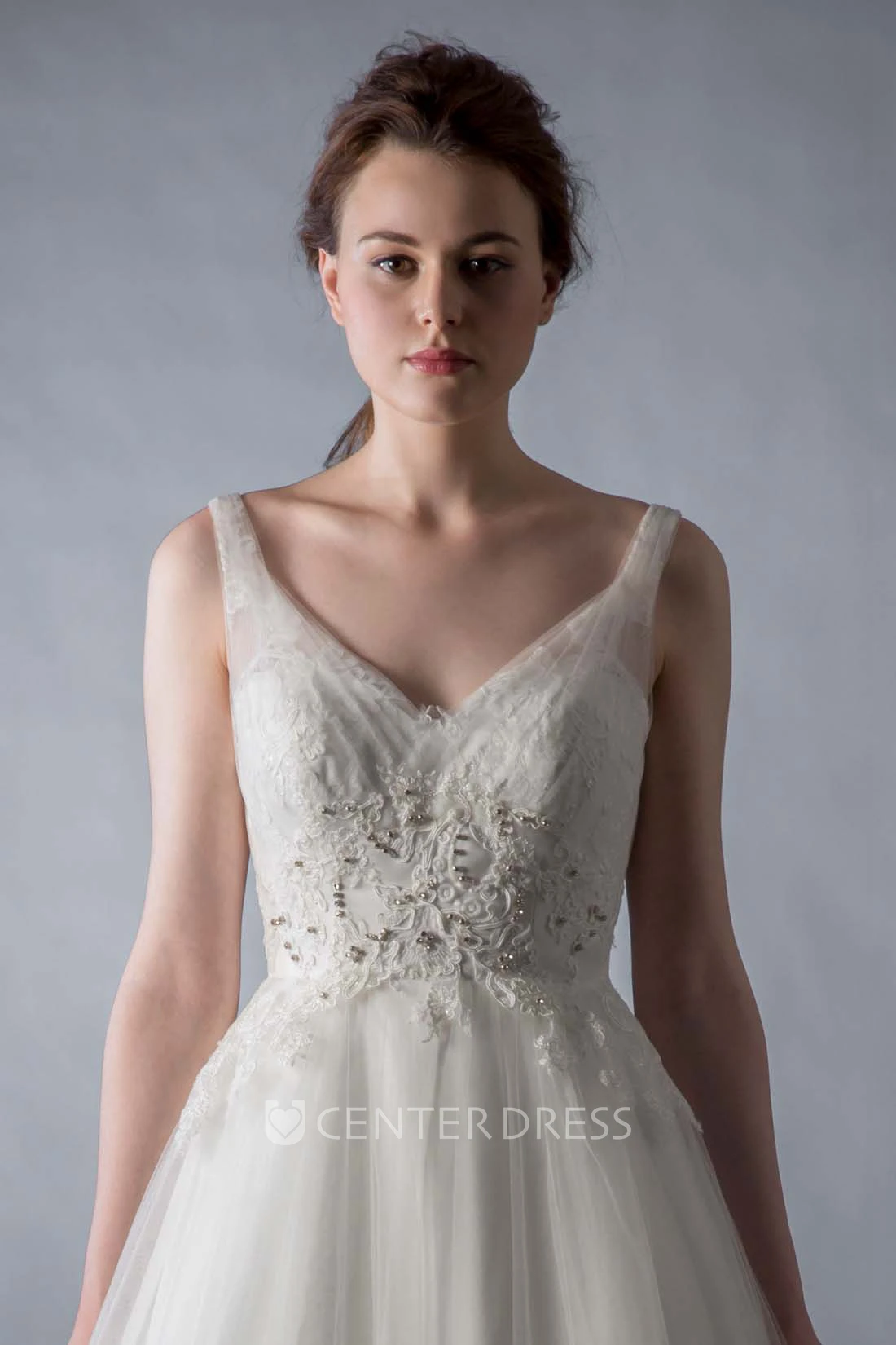 V-Neck Floor-Length Beaded Tulle Wedding Dress With Court Train And V Back