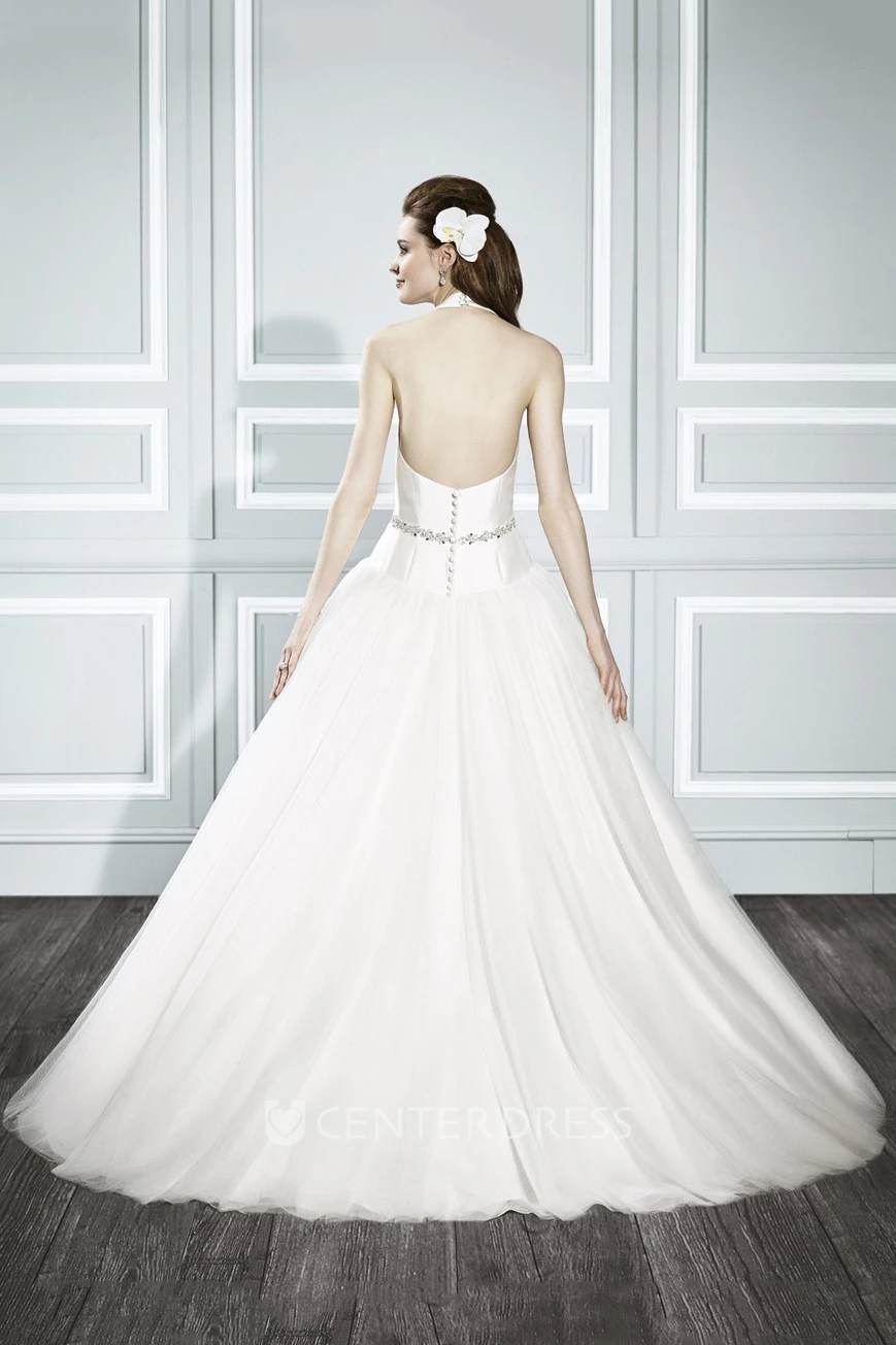 Ball-Gown Strapless Jeweled Sleeveless Long Satin Wedding Dress With Court Train And Backless Style