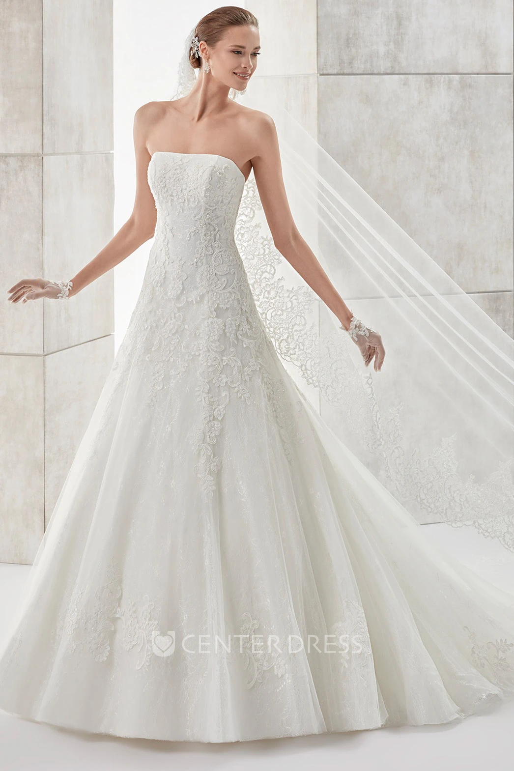 Simple Strapless A-line Wedding Dress with Appliques and Brush Train
