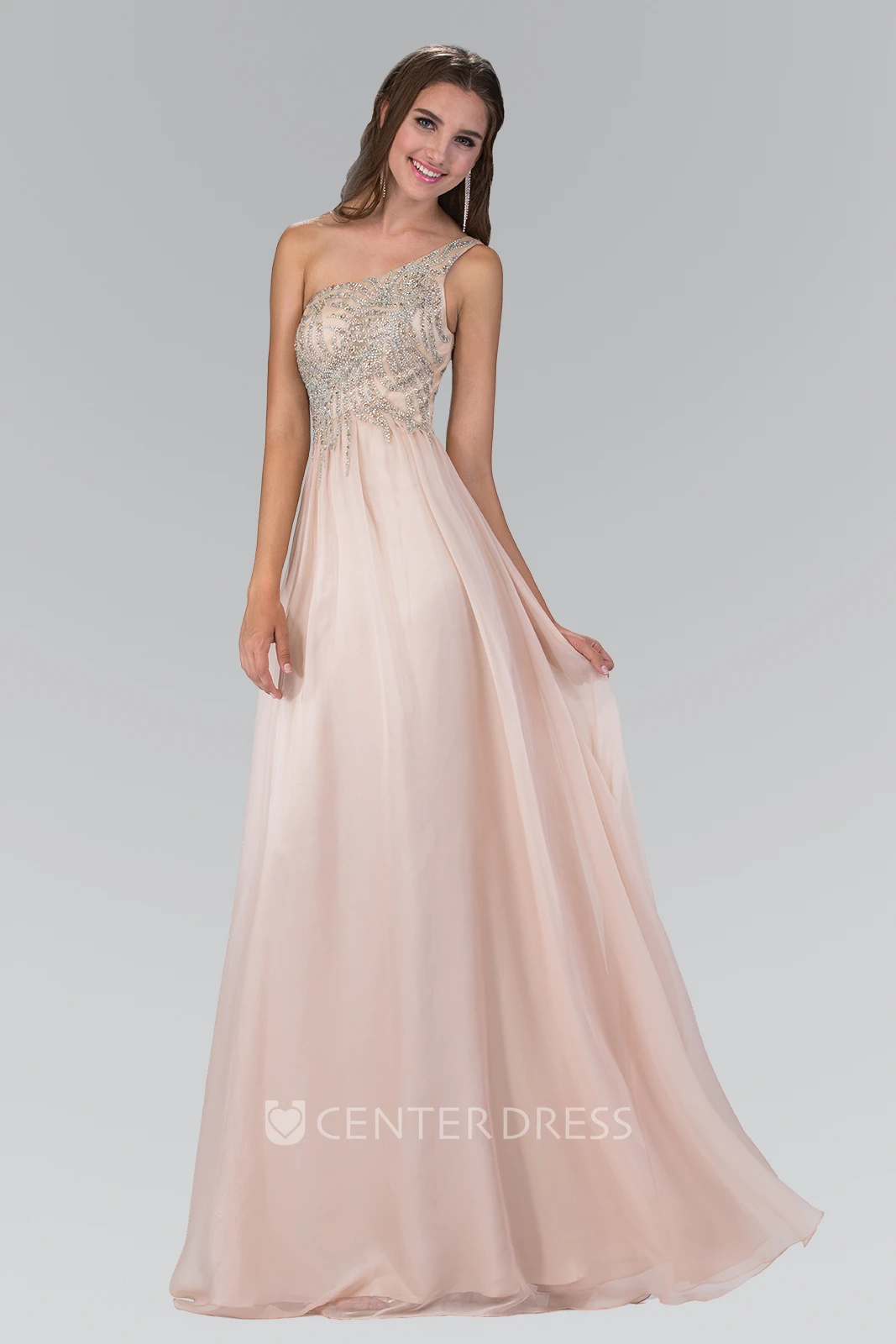 A-Line Floor-Length One-Shoulder Sleeveless Dress With Beading