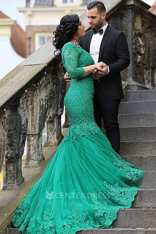 Illusion 3 4 Length Sleeve Sweep Brush Train Mermaid Trumpet V-neck Lace Tulle Dress