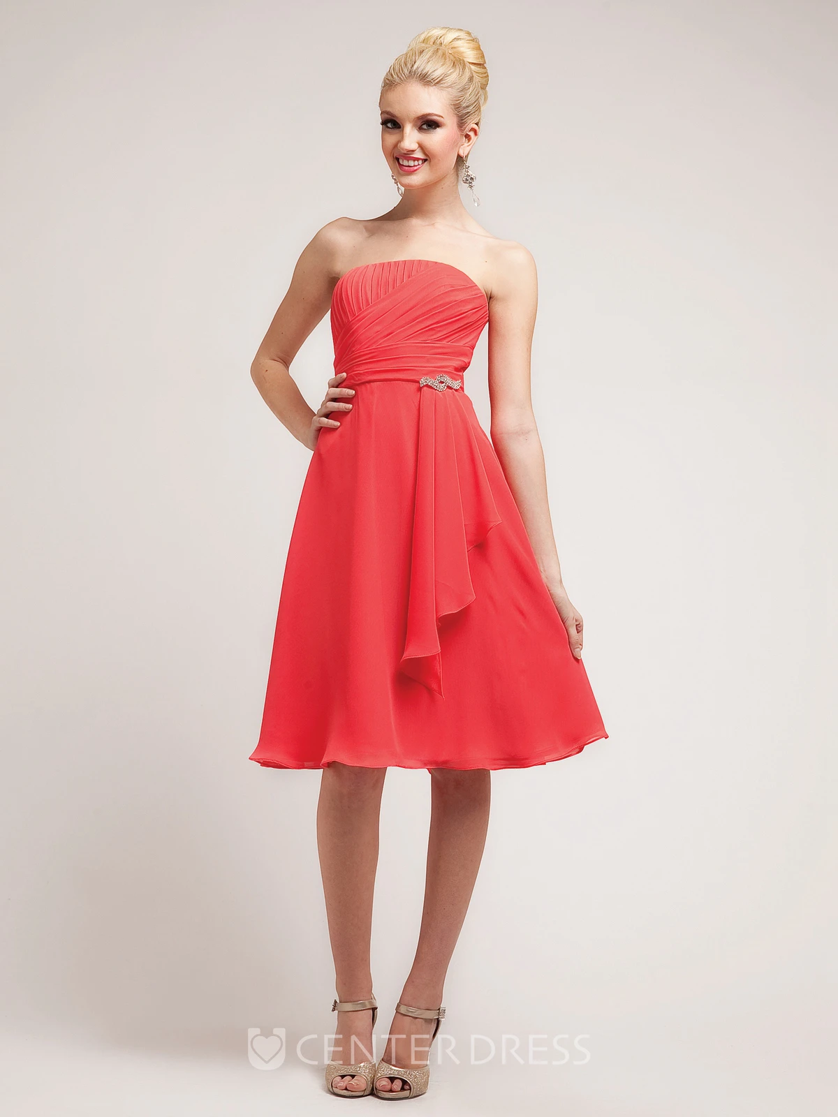 A-Line Knee-Length Strapless Sleeveless Chiffon Dress With Ruching
