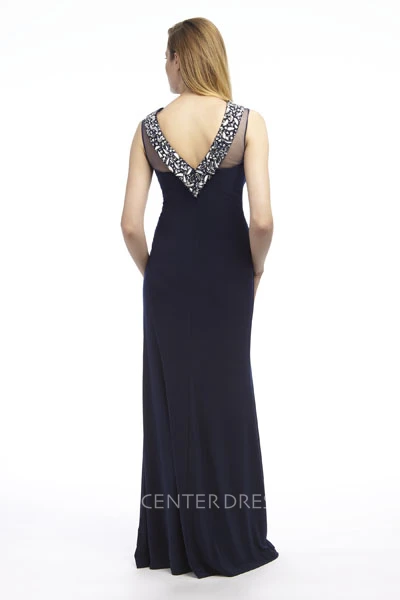 Sheath Beaded Sleeveless Floor-Length Bateau-Neck Jersey Prom Dress