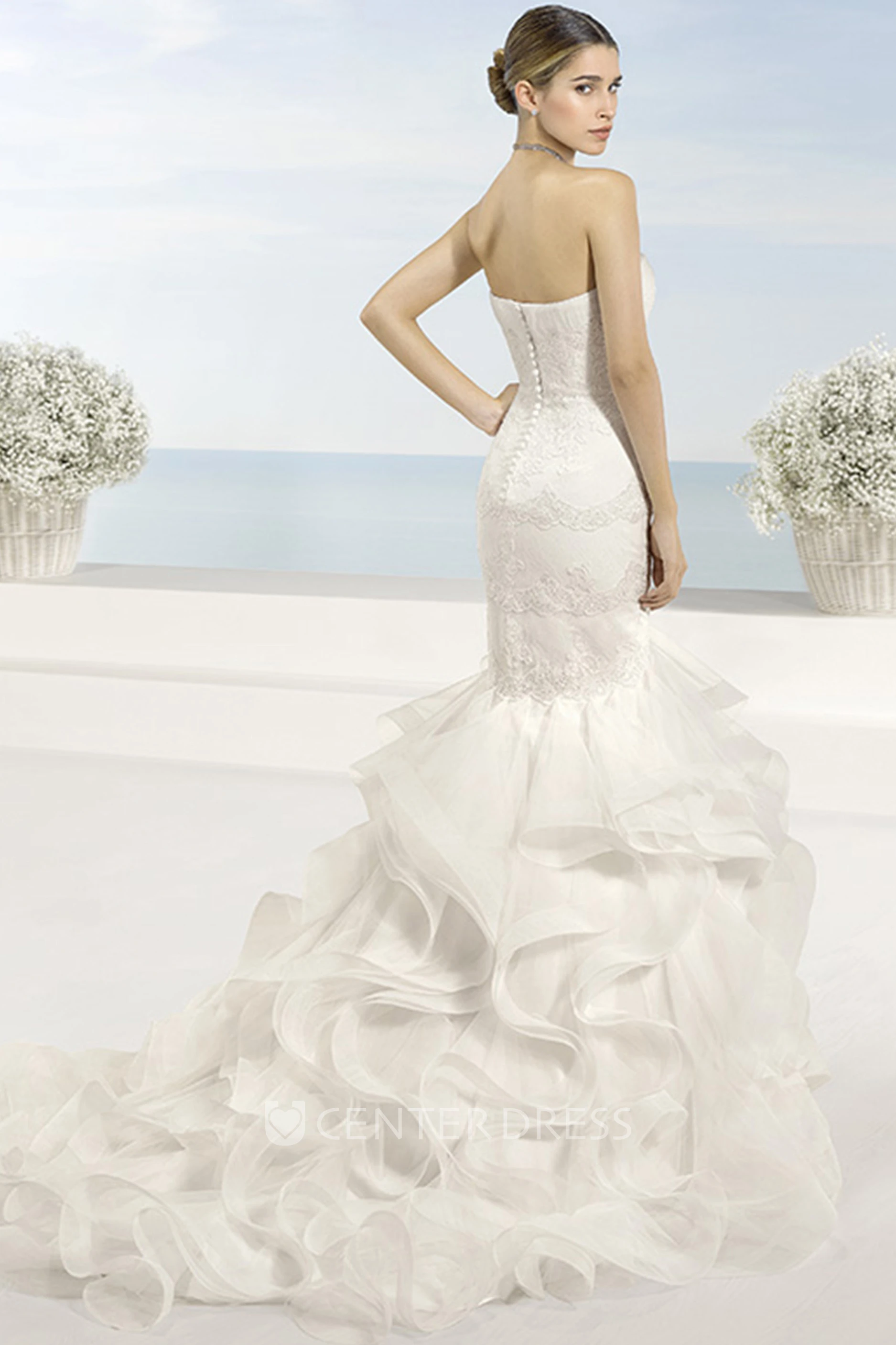 Sheath Cap-Sleeve Cascading-Ruffle Floor-Length Lace&Organza Spring Wedding Dress With Appliques And Backless Style