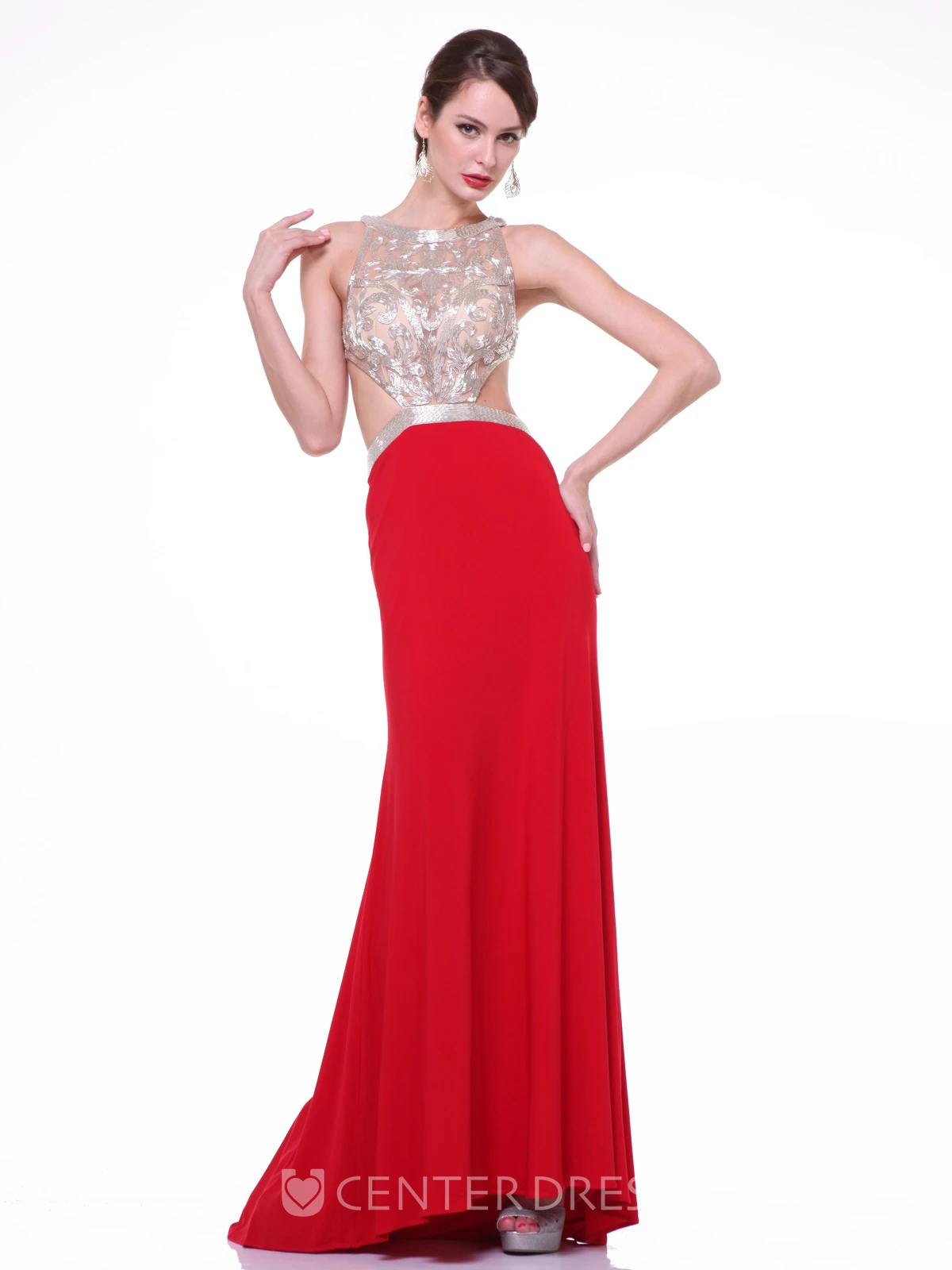 Sheath Scoop-Neck Sleeveless Jersey Dress With Sequins And Pleats
