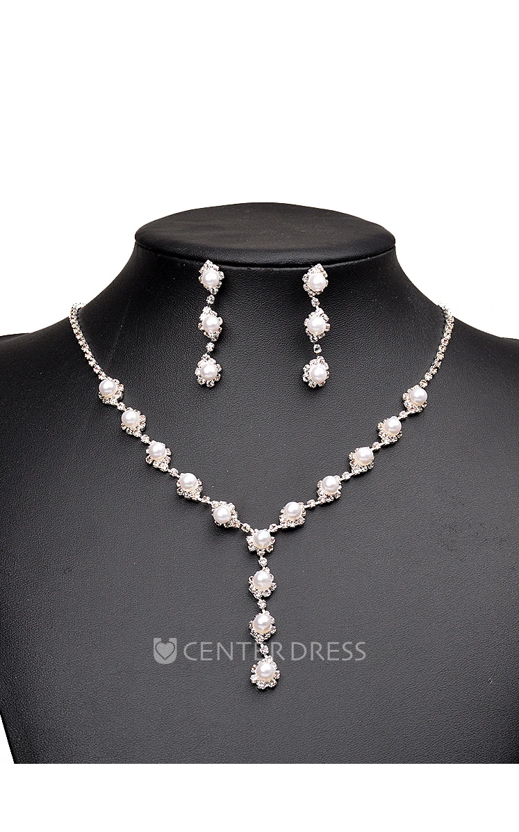 Special Bridal Pearl Design Rhinestone Necklace and Earrings Jewelry Set