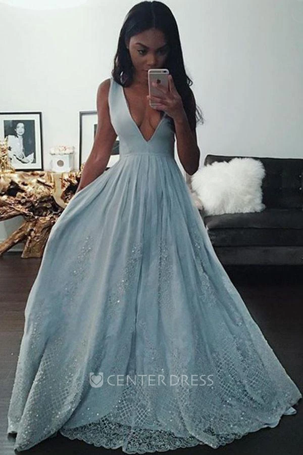 Sleeveless Floor-length A-Line V-neck Satin Lace Dress