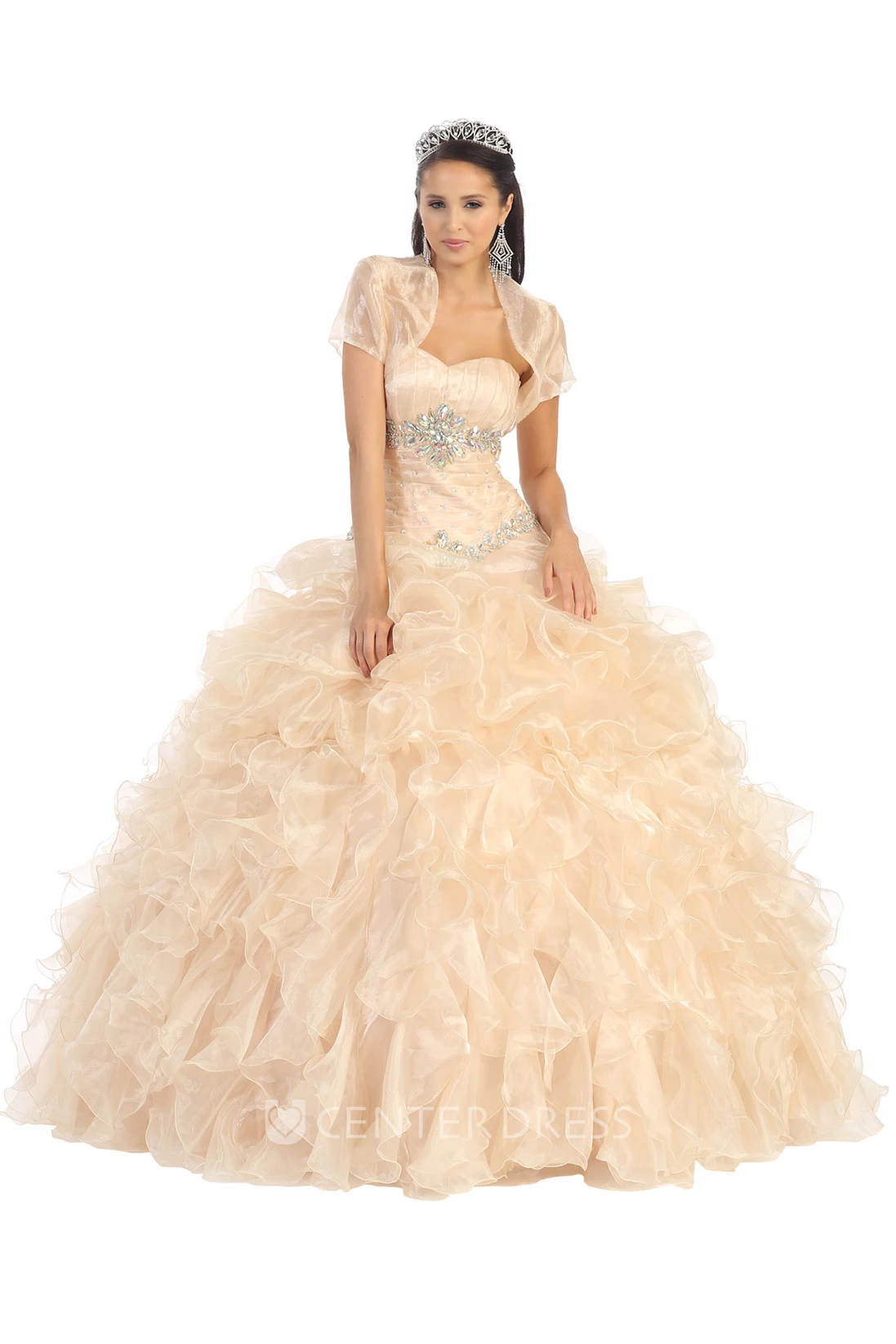 Ball Gown Strapless Sleeveless Organza Dress With Waist Jewellery And Ruffles