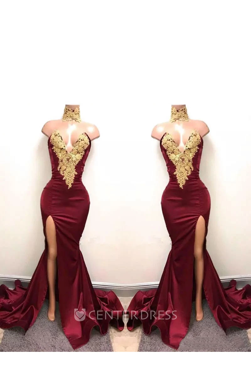 Sexy Bodycon Notched Taffeta Tall Women Sweep Brush Train Sleeveless Appliques Split Front Dress