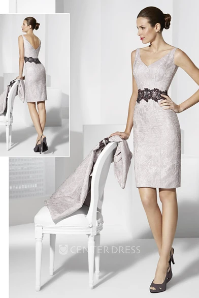 V-Neck Jacket Knee-Length Sleeveless Satin Prom Dress